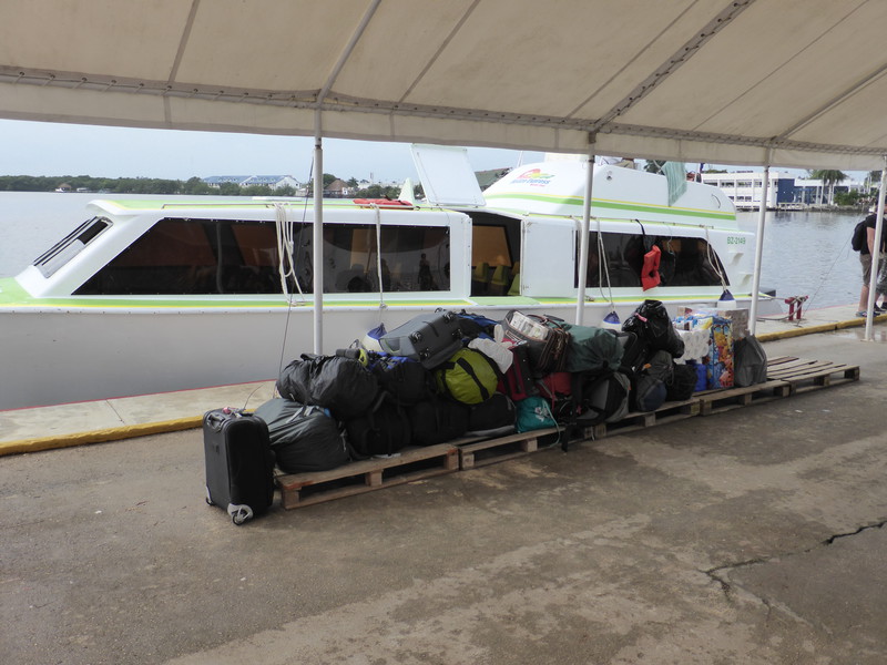 Our luggage lined up for the sniffer dog on the pier in Chetumal