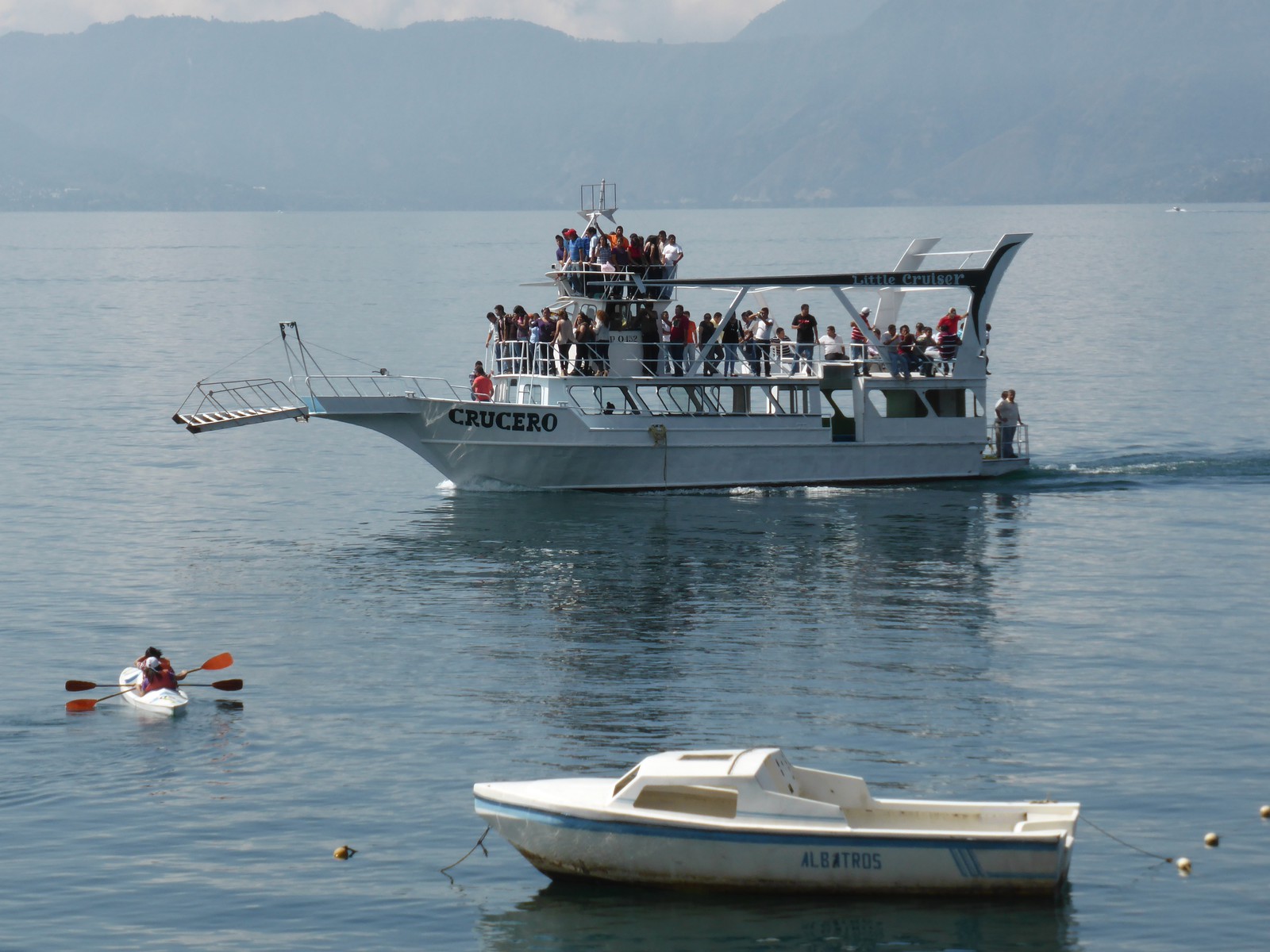 A typically packed and noisy tour boat off Panajachel