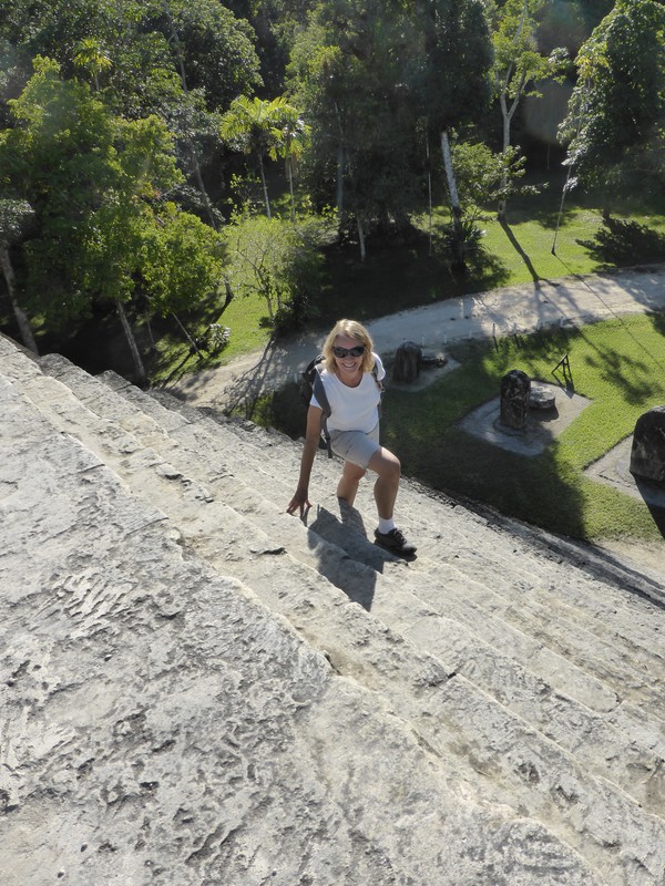 Peta climbing a pyramid in Complejo Q