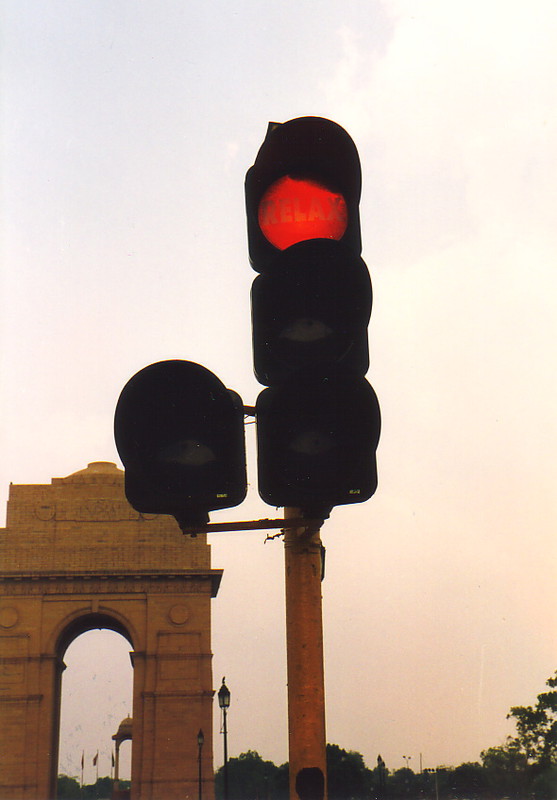 A traffic light in Delhi with 'Relax' written on the red light