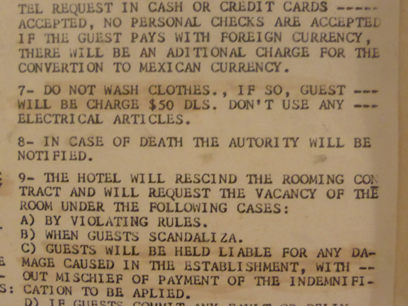 Rule number 8: 'In case of death, the autority [sic] will be notified'