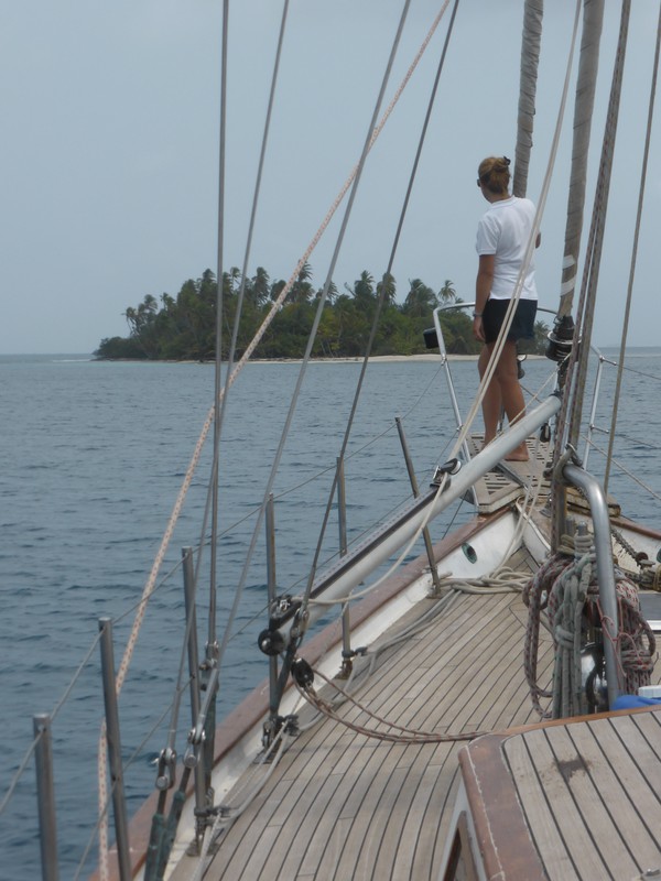 Holly watching for reefs as we entered Swimming Pool anchorage