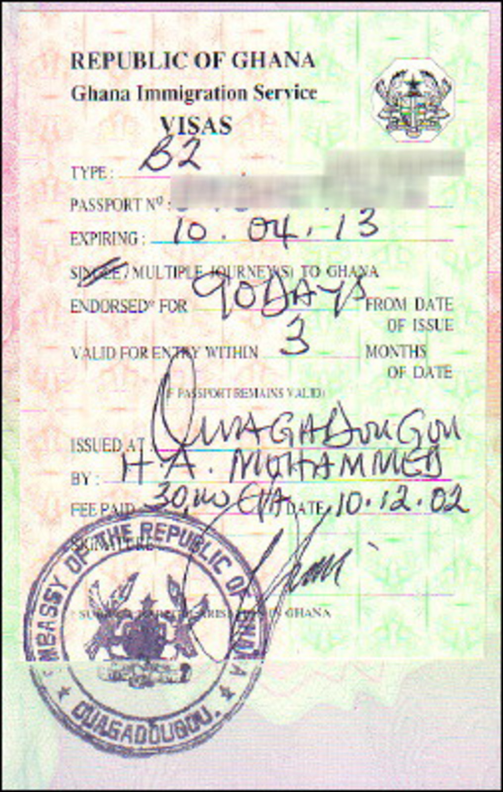 Ghanaian three-month tourist visa