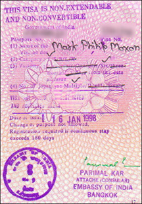 Indian six-month tourist visa (1997)